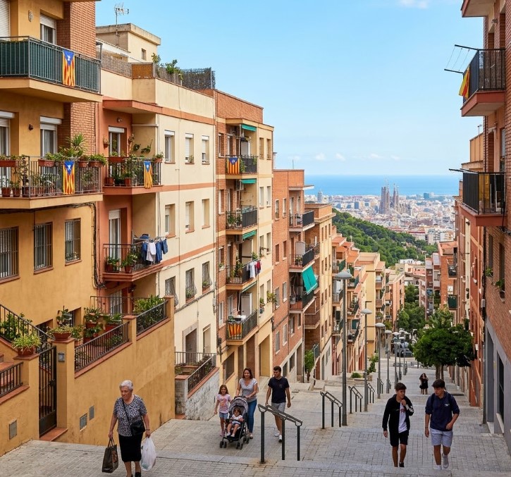 Vistas de las calles empinadas, bloques de pisos y la cercanía a la montaña en Les Roquetes, Barcelona